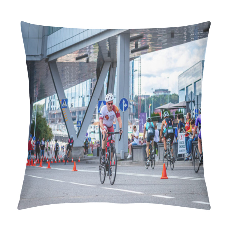 Personality  MOSCOW, RUSSIA - AUGUST 25, 2019: Ironman Cycling Competition, Cyclist Athletes Riding A Race. Ironstar Crocus Fitness Triathlon. Pillow Covers