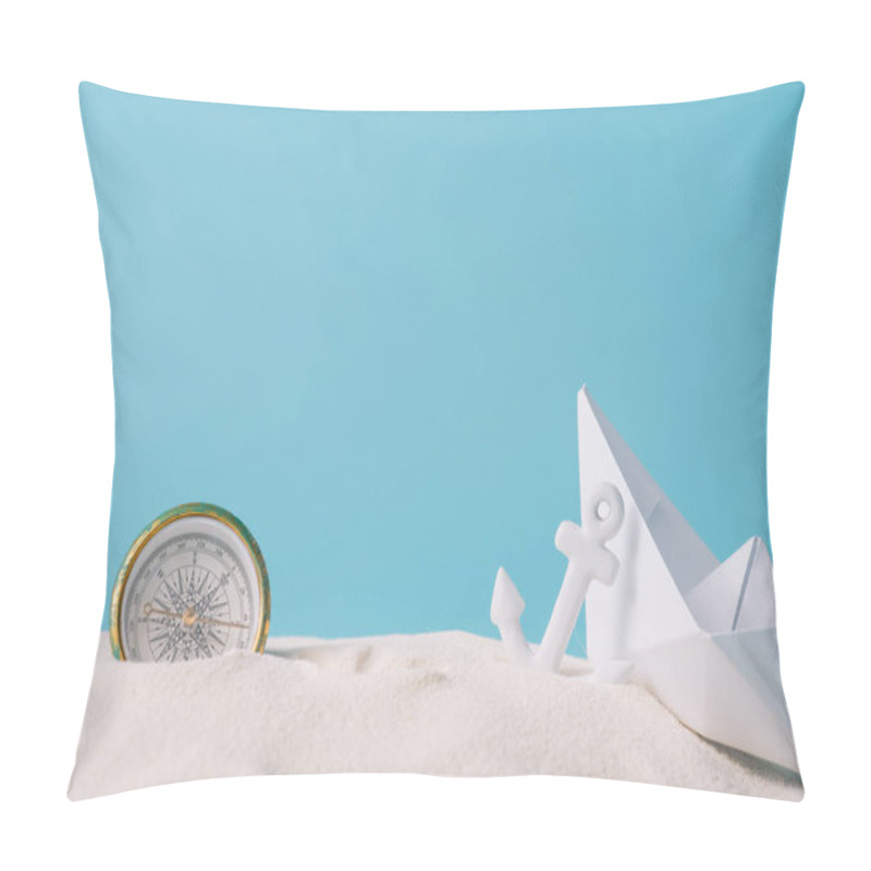 Personality  White Sand With Paper Boat, Compass And Anchor Isolated On Blue Pillow Covers