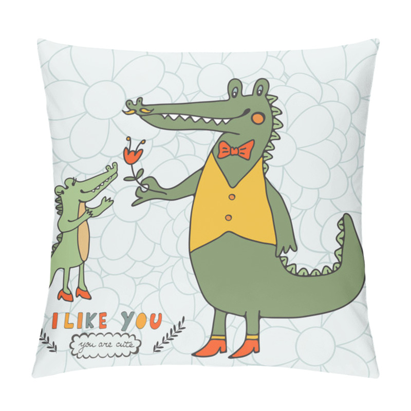 Personality  I Like You. You Are Cute. Beautiful Card With Hand Drawn Crocodile Characters. Pillow Covers