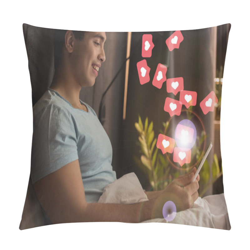 Personality  Smiling Mixed Race Man Using Digital Tablet In Bed Near Virtual Hearts As Likes Illustration  Pillow Covers