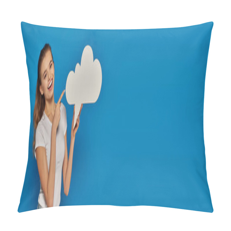 Personality  Excited Young Woman Pointing At Blank Placard On Blue Backdrop, Holding Thought Bubble, Banner Pillow Covers