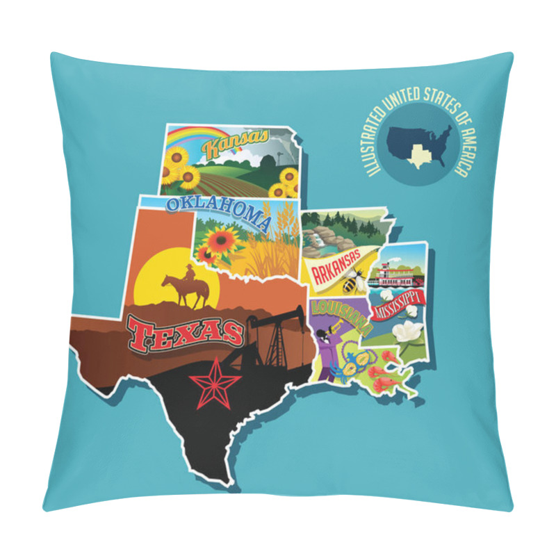 Personality  Illustrated Pictorial Map Of South Central United States. Includes Kansas, Oklahoma, Texas, Arkansas Louisiana And Mississippi. Vector Illustration. Pillow Covers