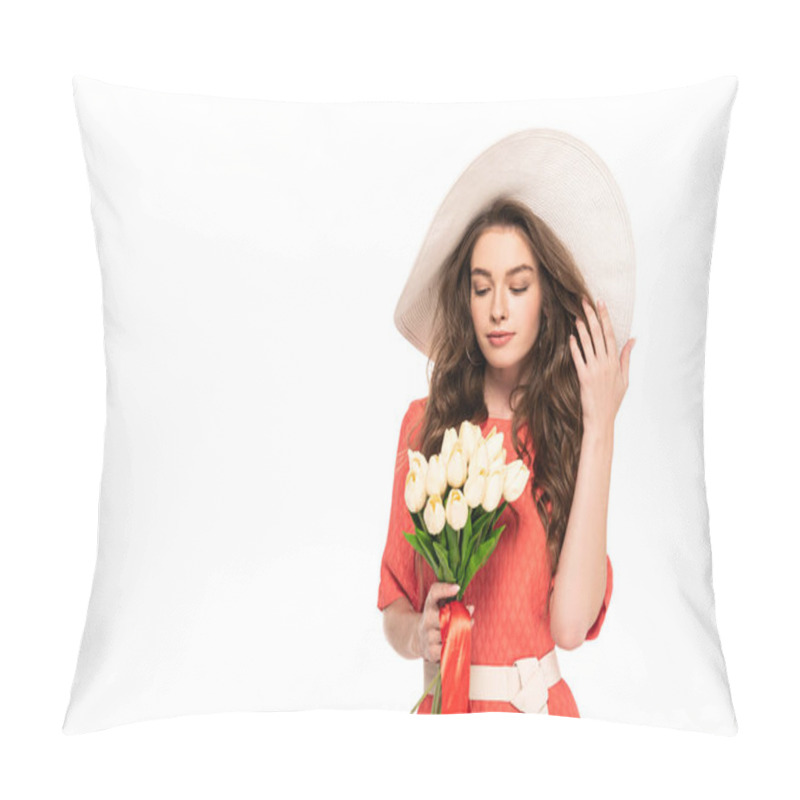 Personality  Elegant Woman In Hat And Dress Looking At White Tulips Isolated On White Pillow Covers