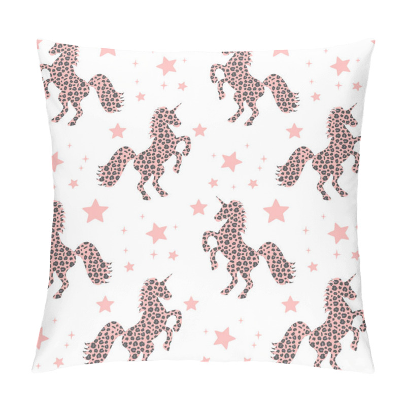 Personality  Cute Pink Unicorn Silhouette With Animal Print With Leopard Dots And Stars Seamless Vector Pattern Background Illustration Pillow Covers