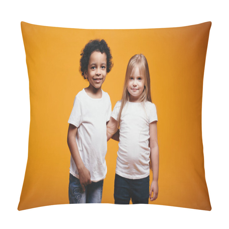 Personality  A Dark-skinned Boy And A Blonde Girl In White T-shirts Hugging As A Sign Of Interracial Friendship Since Childhood On An Orange Background Pillow Covers