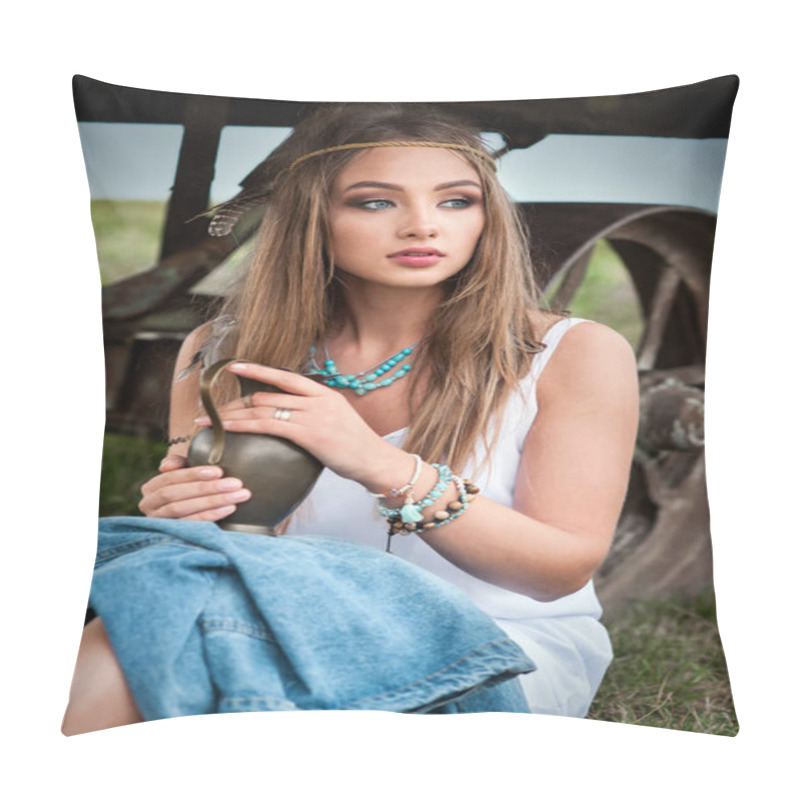 Personality  Young Boho Girl In Jacket With Blue Eyes With Pitcher In Her Hands Pillow Covers