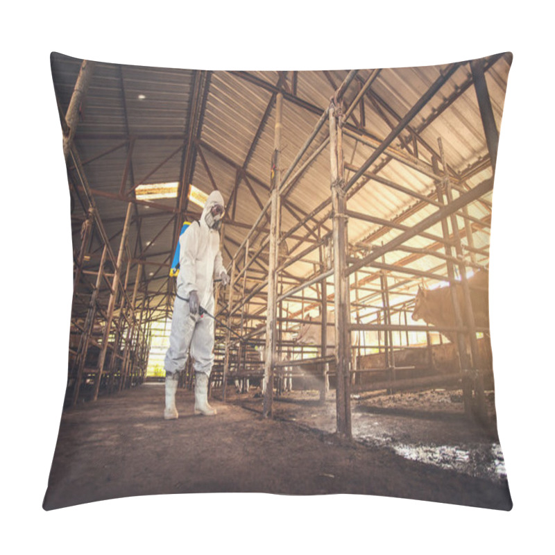 Personality  People Wearing Personal Protective Equipment Or PPE With Spraying Disinfectant For Protection Pandemic Of Disease In Cattle Farm. Agriculture Cattle Farm Industry. Pillow Covers