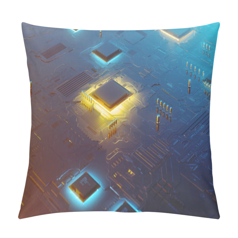 Personality  3d Rendering Of A Futuristic Circuit Board With Surface Mount Components, Including Capacitors, Chipsets And Microprocessors Pillow Covers