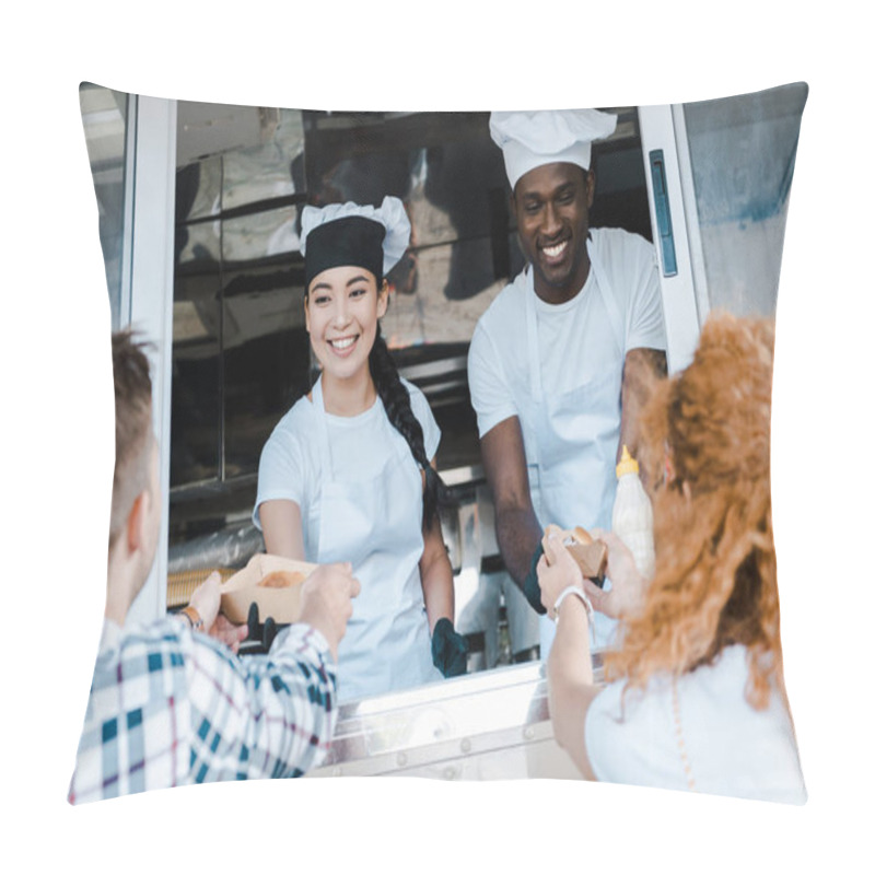 Personality  Selective Focus Of Happy Multicultural Chefs Giving Carton Plates With Food To Customers  Pillow Covers