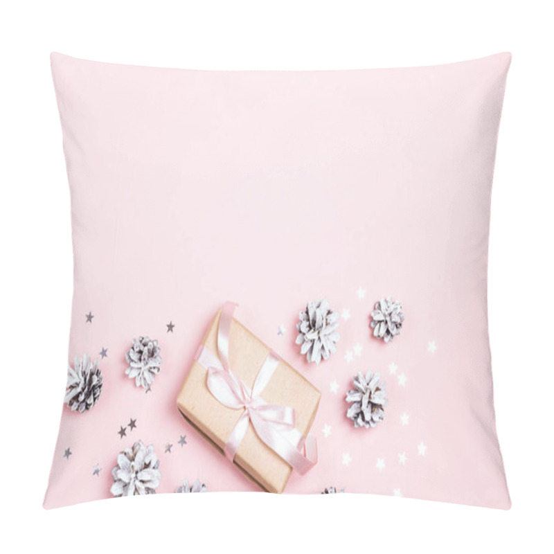 Personality  Christmas Gift Box With Cones And Stars On Pink Background. Copy Space For Text. Top View, Flat Lay. Pillow Covers