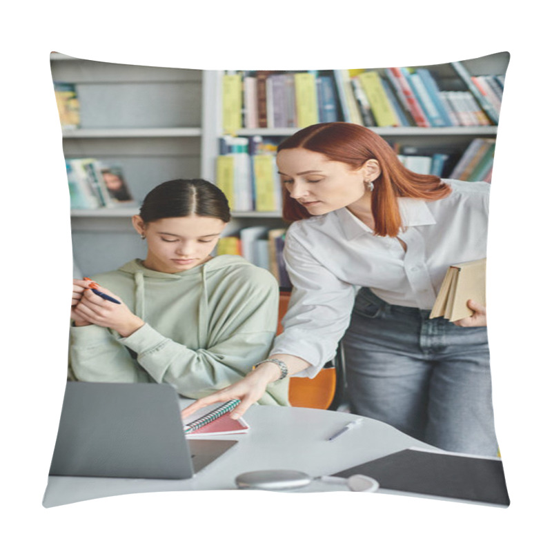 Personality  A Redheaded Tutor Teaches A Teenage Student In A Library, Both Focused On The Laptop Screen. Pillow Covers