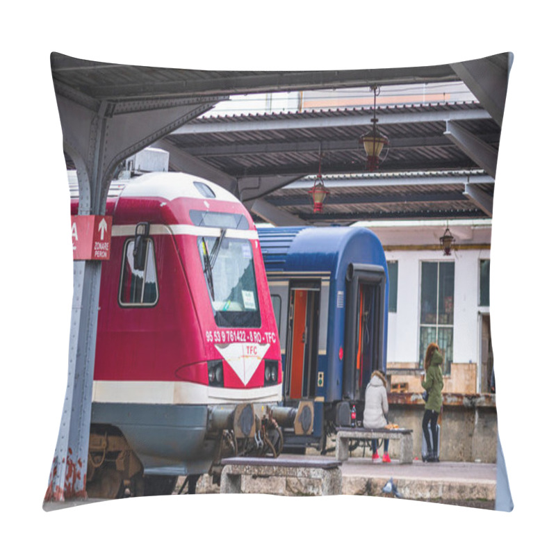 Personality  Train In Motion Or At Train Platform At Bucharest North Railway Station (Gara De Nord Bucharest) In Bucharest, Romania, 2022 Pillow Covers