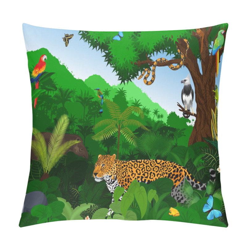 Personality  Rainforest With Animals Vector Illustration. Vector Green Tropical Forest Jungle With Parrots, Jaguar, Tapir, Peccary, Harpy, Motmot, Anaconda And Butterflies. Pillow Covers