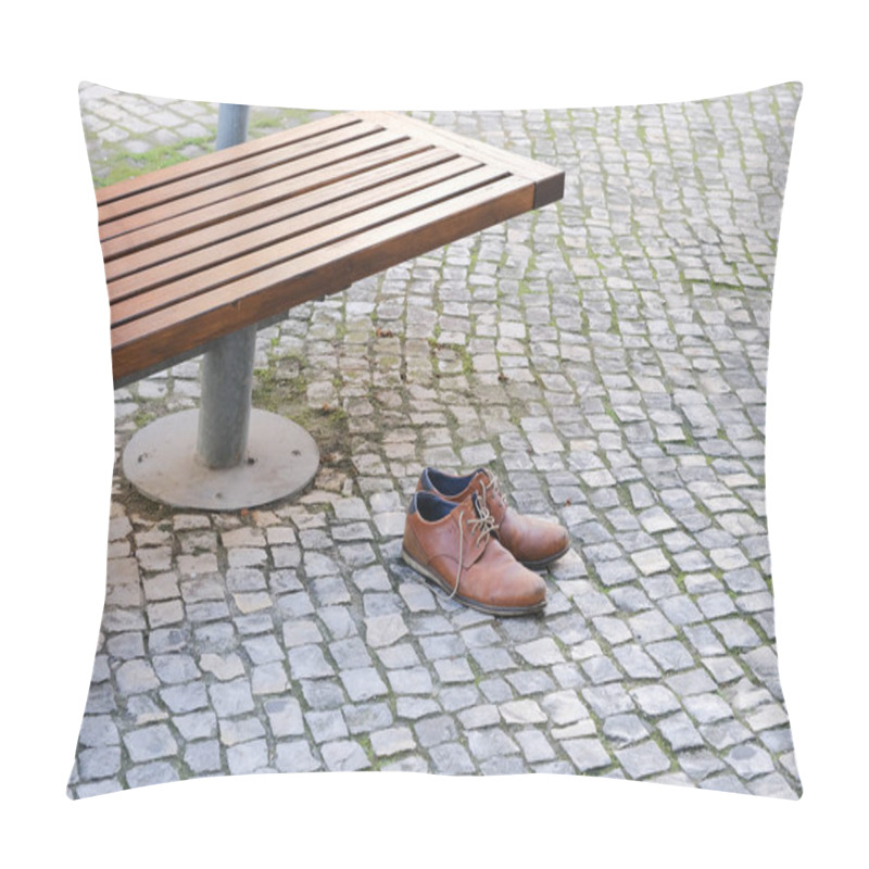 Personality  Brown Leather Shoes On A Cobblestone Pavement Next To A Bench In An Urban Setting. Pillow Covers