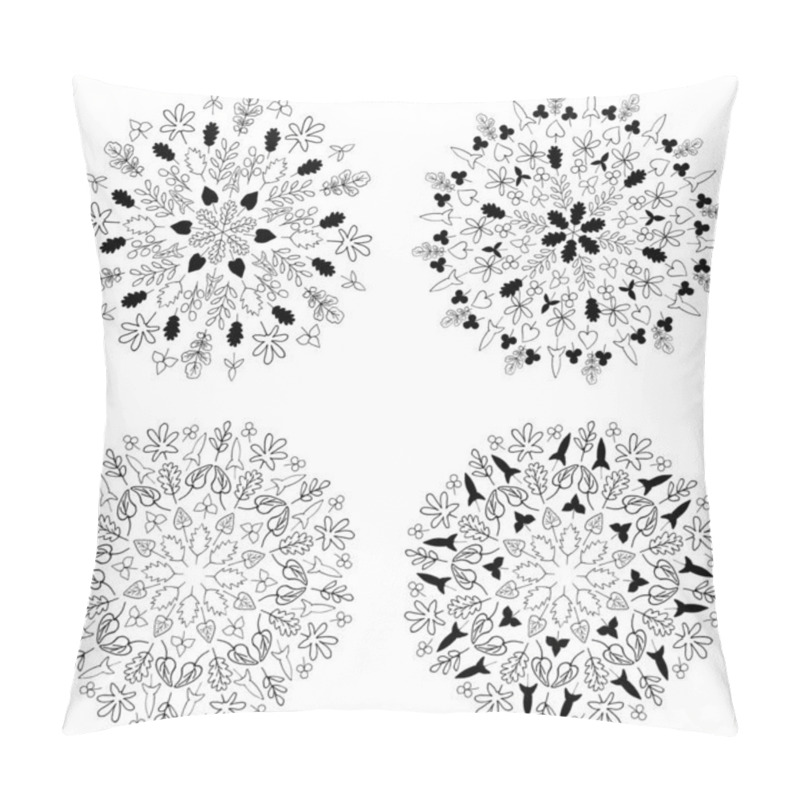 Personality  Collection Of Cute Doodle Mandalas With Leaves On A White Background. A Set Of Botanical Elements Arranged In A Circle. Hand-drawn Vector Illustration For Coloring Pages And Art Books For Adults And Children. Pillow Covers