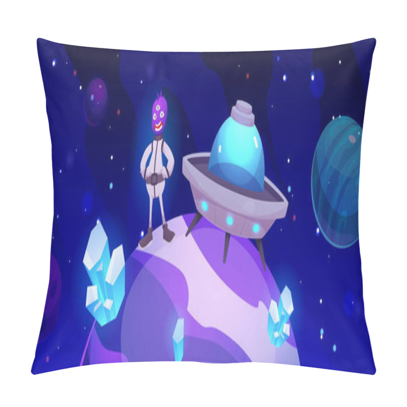 Personality  Vector Illustration With Cute Aliens Landing On Their Flying Saucer On A Planet With Crystals On The Background Of The Cosmic Sky, For A Gaming Environment Pillow Covers