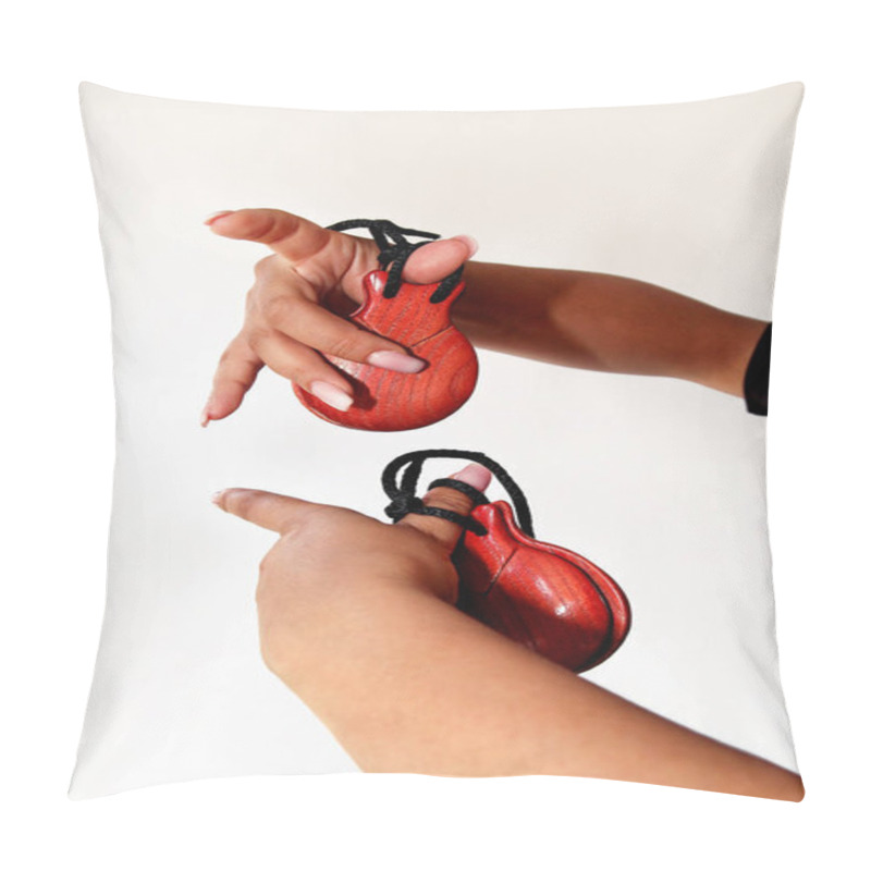 Personality  Spanish Castanets In The Hands On White Background, Close Up. Percussion Instrument Used In Flamenco, Sevillanas Dance In Spain, Isolated, Close Up. Hands Detail Of Flamenco Dancer With Castanets. Pillow Covers