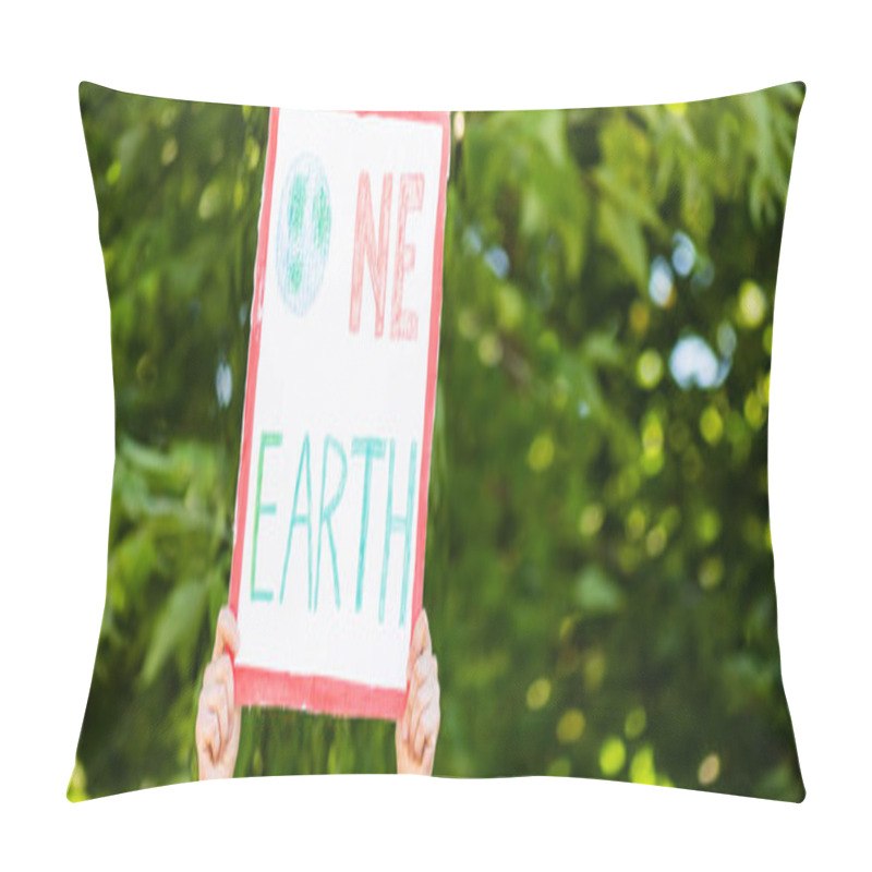 Personality  Horizontal Concept Of Man Holding Placard With One Earth Lettering With Trees At Background, Ecology Concept Pillow Covers