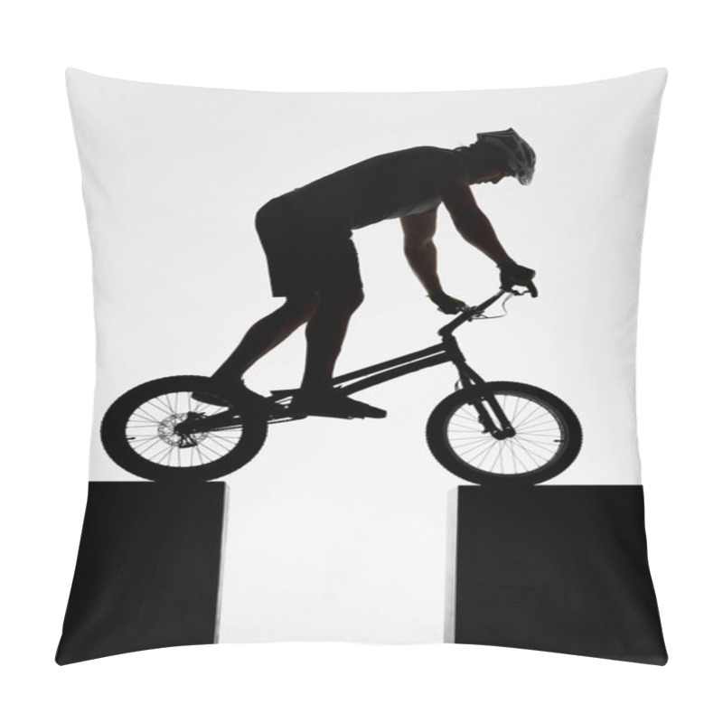 Personality  Silhouette Of Trial Cyclist Balancing On Two Stands On White Pillow Covers