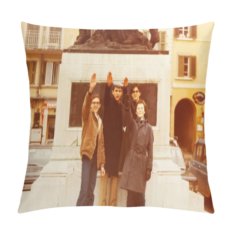 Personality  Rome, Italy May 1964: Four Young Italian Students Doing The Roman Salute In A City Square In Front Of A Monument In The Seventies Pillow Covers