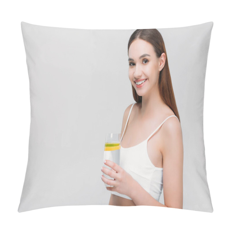 Personality  Beautiful Smiling Girl In Bra Holding Lemon Water In Glass, Isolated On Grey Pillow Covers