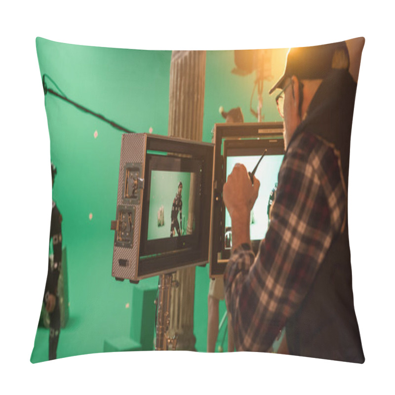 Personality  Director Looks At Displays Directs Green Screen CGI Scene With Actor Wearing Motion Tracking Suit And Head Rig. In The Big Film Studio Professional Crew Shooting Blockbuster Movie Pillow Covers