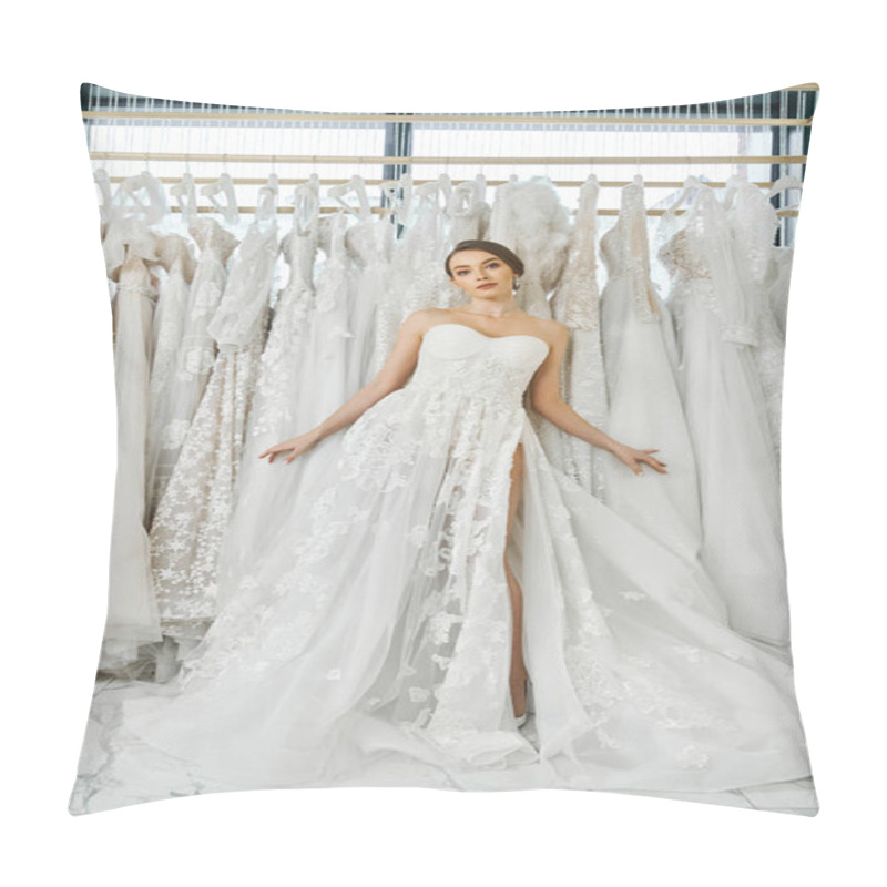 Personality  A Young Brunette Woman Surrounded By A Rack Of Elegant Dresses In A Wedding Salon, Contemplating Her Options For The Big Day. Pillow Covers