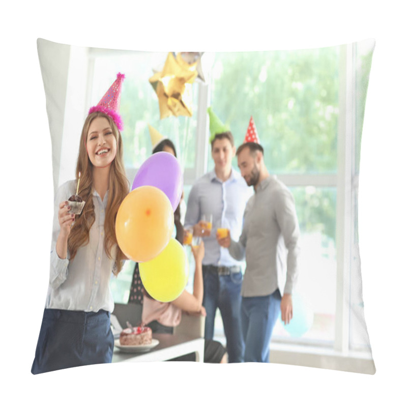 Personality  Young Woman With Tasty Muffin And Air Balloons At Birthday Party In Office Pillow Covers