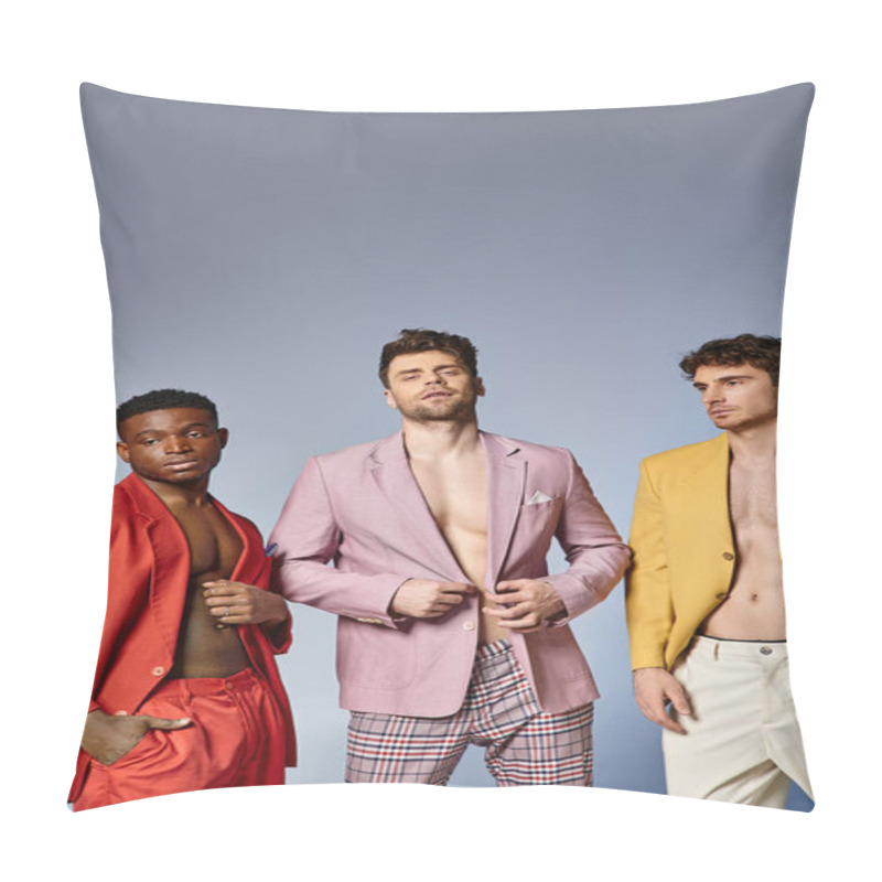 Personality  Three Diverse Men In Vibrant Unbuttoned Suits Posing Together On Gray Backdrop, Fashion Concept Pillow Covers