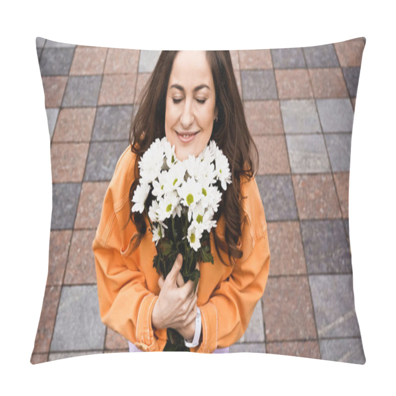 Personality  High Angle View Of Happy Woman With Closed Eyed Smelling White Flowers Outside  Pillow Covers