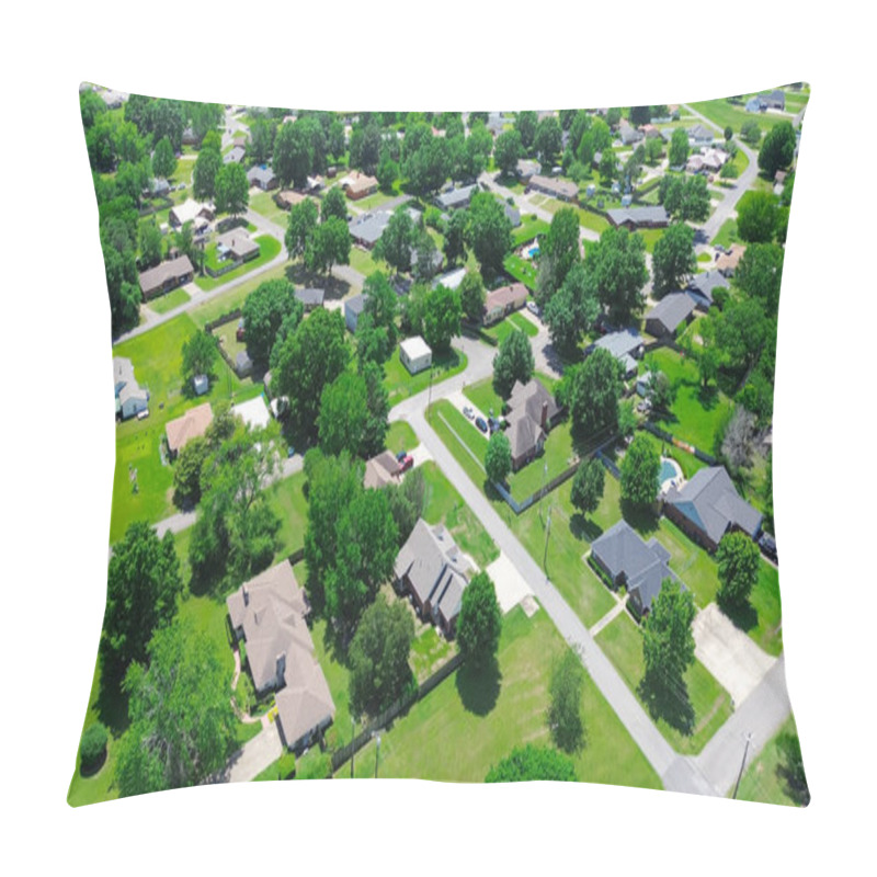 Personality  Residential Neighborhood Along Jefferson And Gentry Ave In Checotah, McIntosh County, Oklahoma, Row Of Single-family Houses With Large Backyard, Grassy Lawn, Lush Green Tall Mature Trees, Aerial. USA Pillow Covers