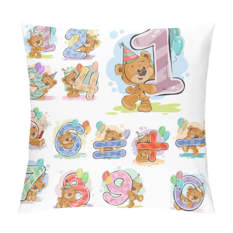 Personality  A Set Of Vector Illustrations With A Brown Teddy Bear And Numerals And Mathematical Symbols. Pillow Covers