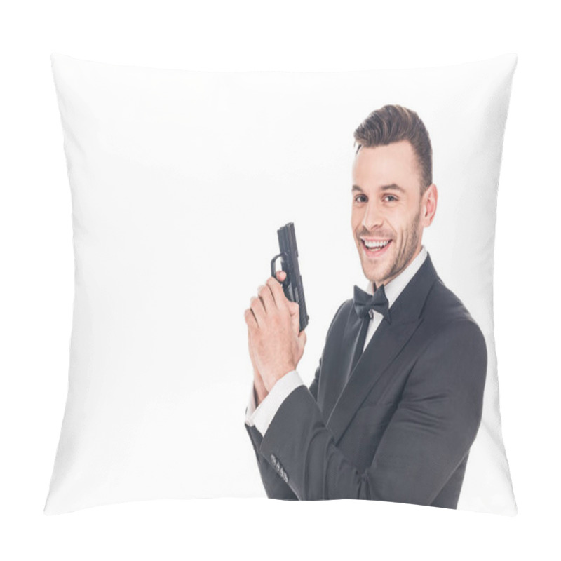 Personality  Cheerful Secret Agent In Black Suit Holding Gun, Isolated On White Pillow Covers