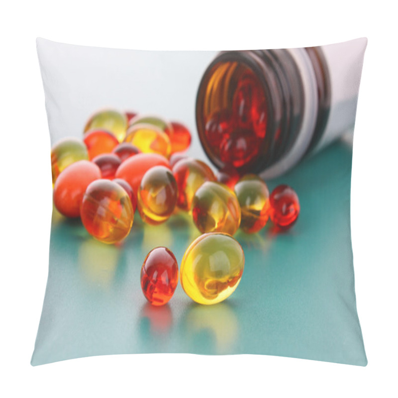 Personality  Red And Yellow Capsules Of Vitamins On A Blue Background Pillow Covers