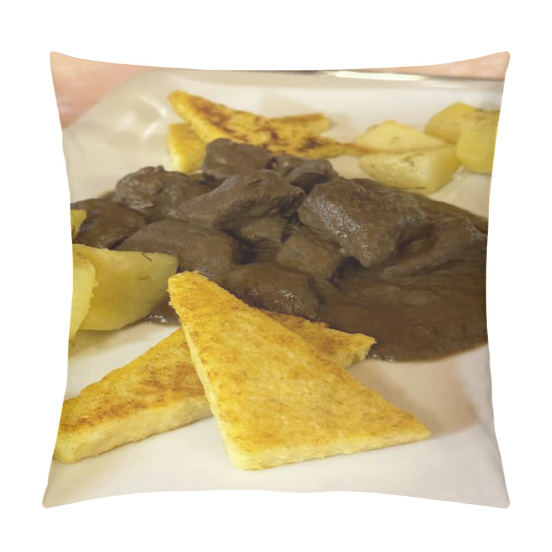 Personality  Delicious Beef Stew With Potatoes And Grilled Polenta On A White Plate. Pillow Covers