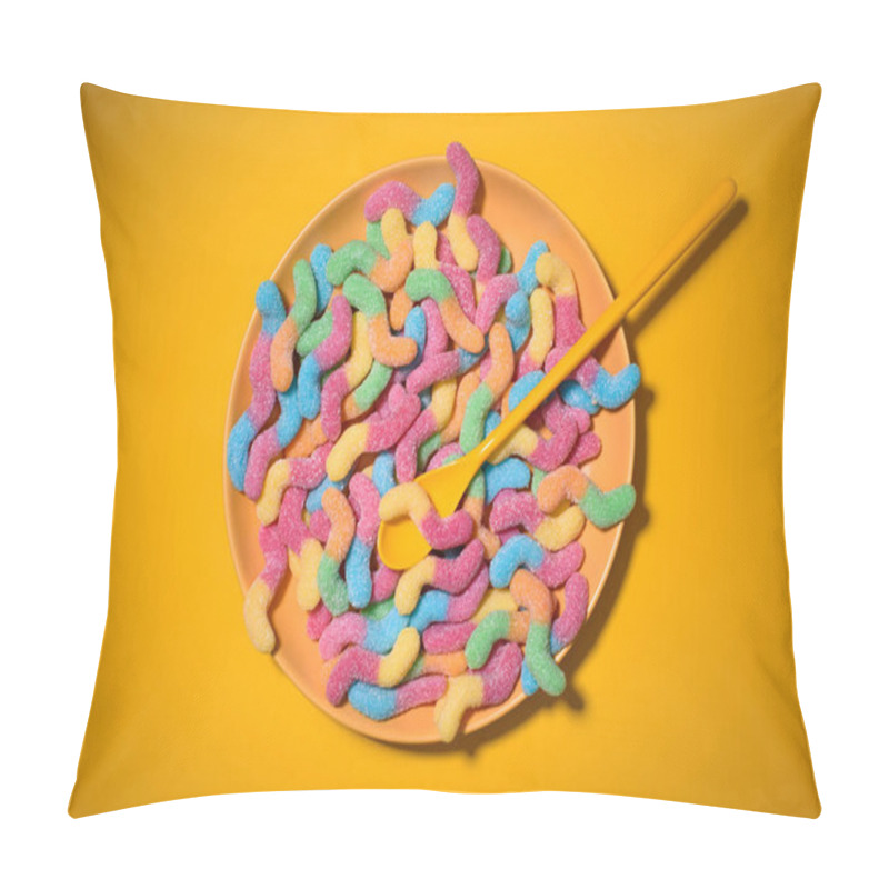 Personality  Top View Of Gummy Worms With Spoon On Plate And On Yellow Pillow Covers