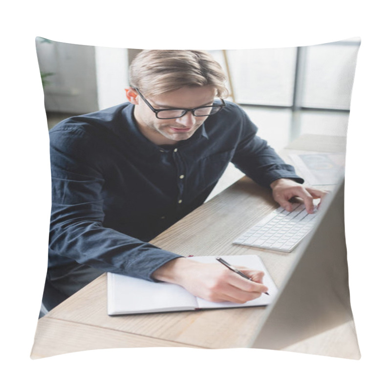 Personality  Programmer In Eyeglasses Writing On Notebook And Using Computer In Office  Pillow Covers