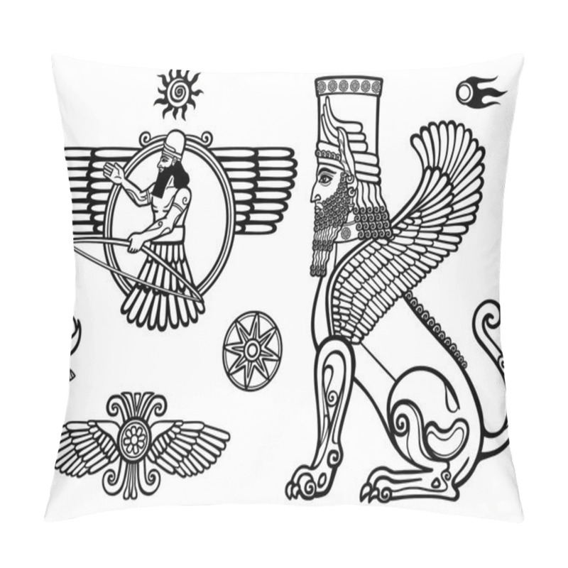 Personality  Set Of Figures Of The Assyrian Mythology: Sphinx, Winged God, Solarises. Pillow Covers