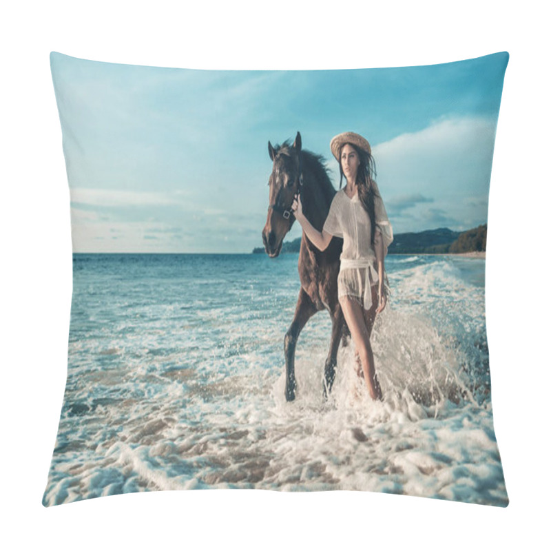 Personality  Cheerful, Sensual Lady Walking With A Horse Pillow Covers