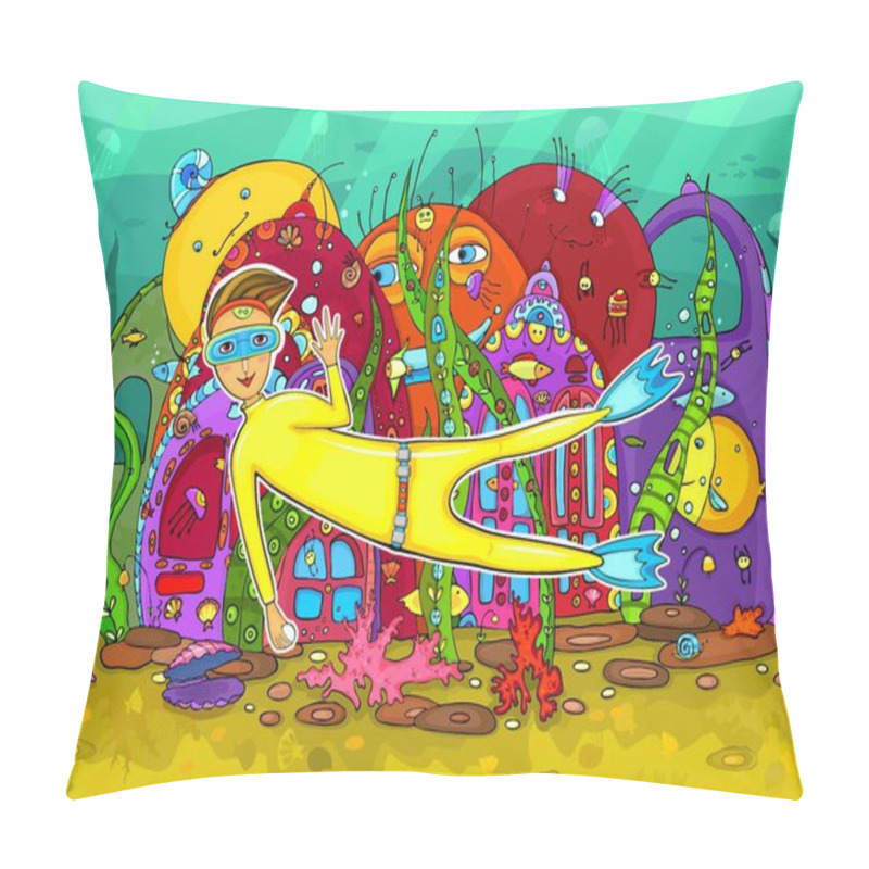 Personality  Underwater Life. The Fantastic Underwater World With Sea Inhabitants And The Diver Diving To Get Pearls Pillow Covers