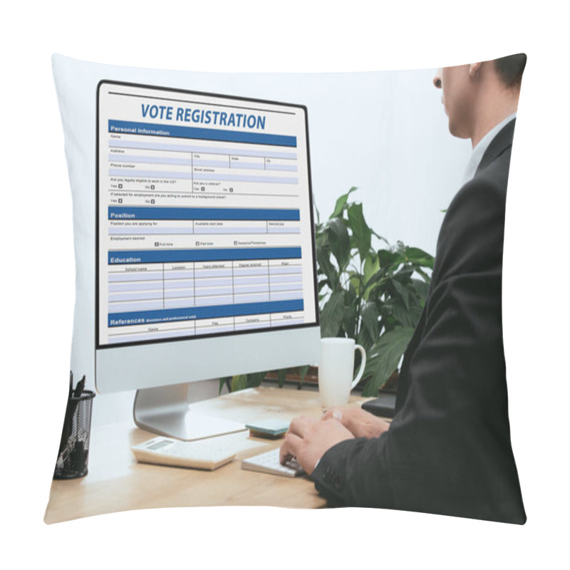 Personality  Cropped View Of Man Filling In Vote Registration Application Election Concept  Pillow Covers