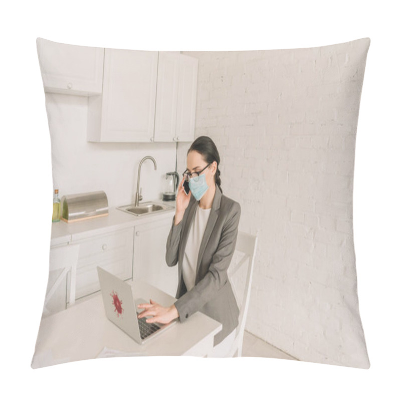 Personality  Businesswoman In Medical Mask And Blazer Over Pajamas Working In Kitchen, Talking On Smartphone And Typing On Laptop Pillow Covers