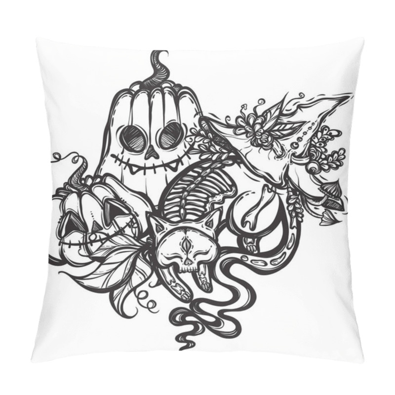 Personality  Halloween Vector Composition With Mystical Cat Skeleton, Pumpkins And Witch Hat. Adult Coloring Book Page, Tattoo Art, T-shirt Design Pillow Covers