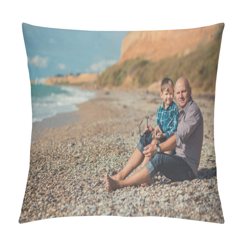 Personality  Touching Appealing Scene Of Father And Son Enjoy Summer Vacation Together Playing On Stone Beach Wearing Stylish Shirt And Fashion Blue Jeans Both Barefoot With Adore Landscape On Background Pillow Covers