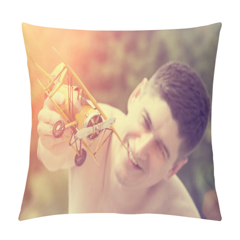 Personality  Young Man Playing With Airplane Model Pillow Covers