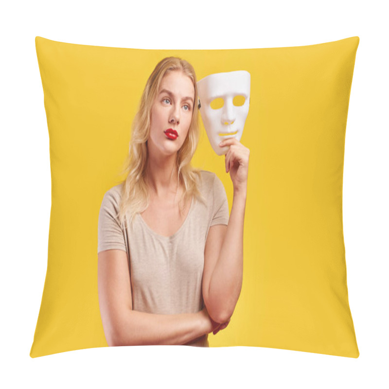 Personality  Emotional Female Person With White Mask On Yellow Background. Internet Fraud Concept, Anonymous, Incognito, Bipolar Personality Disorder, Hypocris Pillow Covers