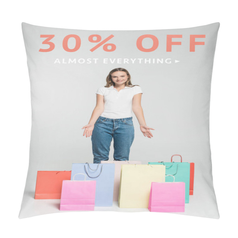 Personality  Young Joyful Woman Standing And Pointing With Hands At Shopping Bags Near In Store And Online Lettering On Grey Pillow Covers