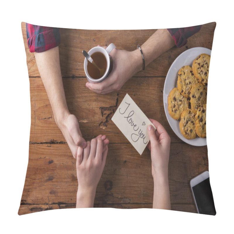 Personality  Unrecognizable Mans And Womans Hands. Romantic Message. Tea And Cookies. Pillow Covers