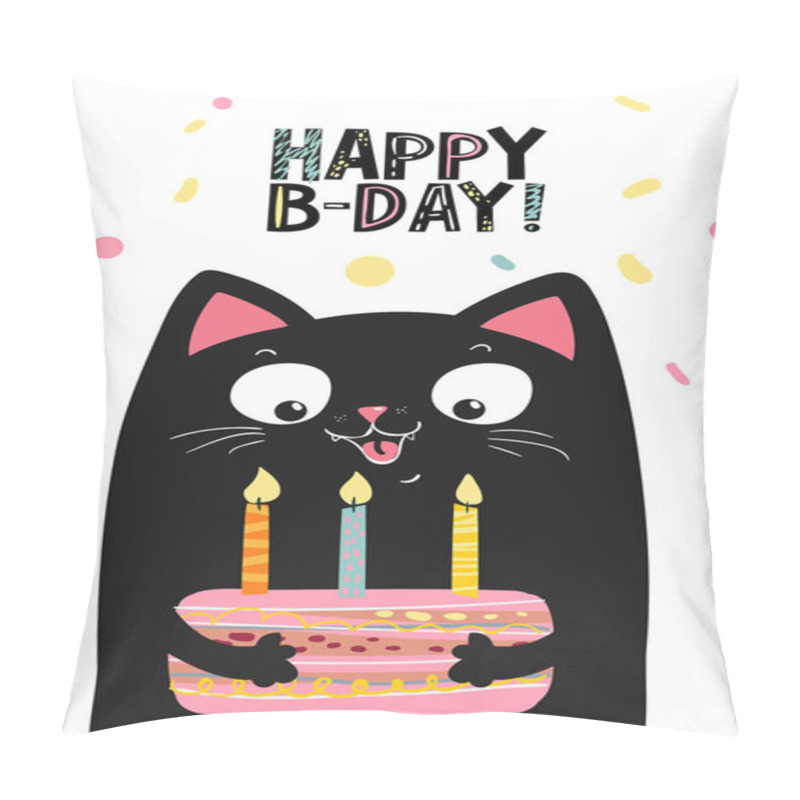 Personality  Happy Black Cat With Cake And Lettering Happy Birthday , Vector Illustration EPS 10 Pillow Covers