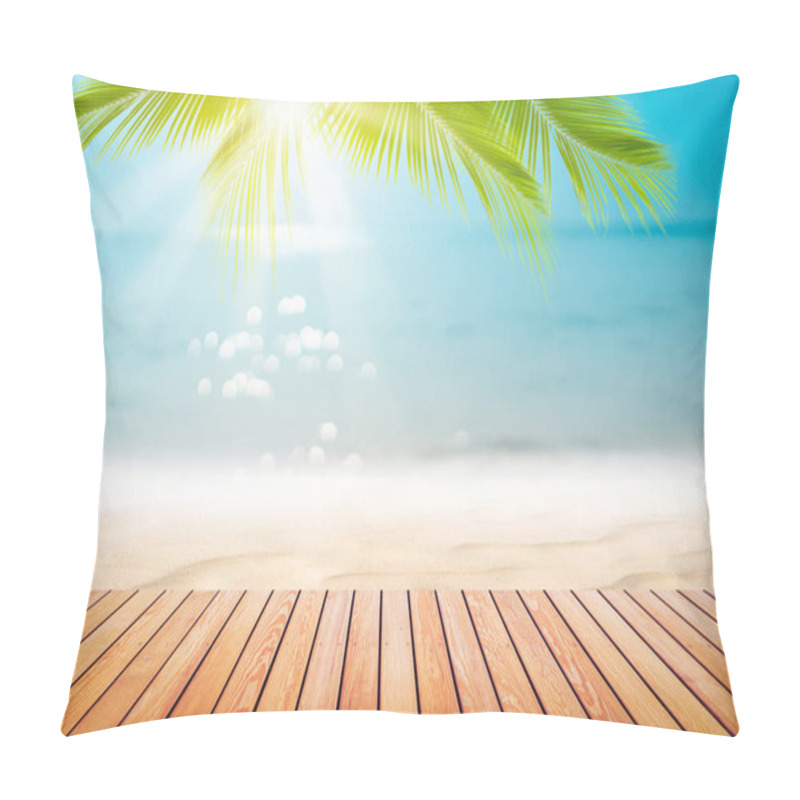 Personality  Blur Tropical Beach With Bokeh Sun Light Wave And Palm Tree On Empty Old Wood Table Abstract Background. Pillow Covers